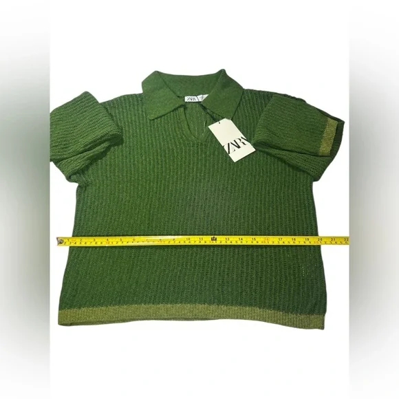 Zara Green Open-Knit Polo Sweater Size S - New with Tags - Picture 3 of 13